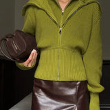 VintageTwo-in-one Solid Wide Lapel Zipper Sweater