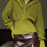 VintageTwo-in-one Solid Wide Lapel Zipper Sweater