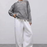 Washed Crew Neck Distressed Mid-Length Sweater