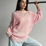 Washed Crew Neck Distressed Mid-Length Sweater