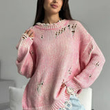 Washed Crew Neck Distressed Mid-Length Sweater
