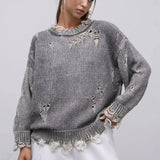 Washed Crew Neck Distressed Mid-Length Sweater