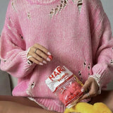 Washed Crew Neck Distressed Mid-Length Sweater