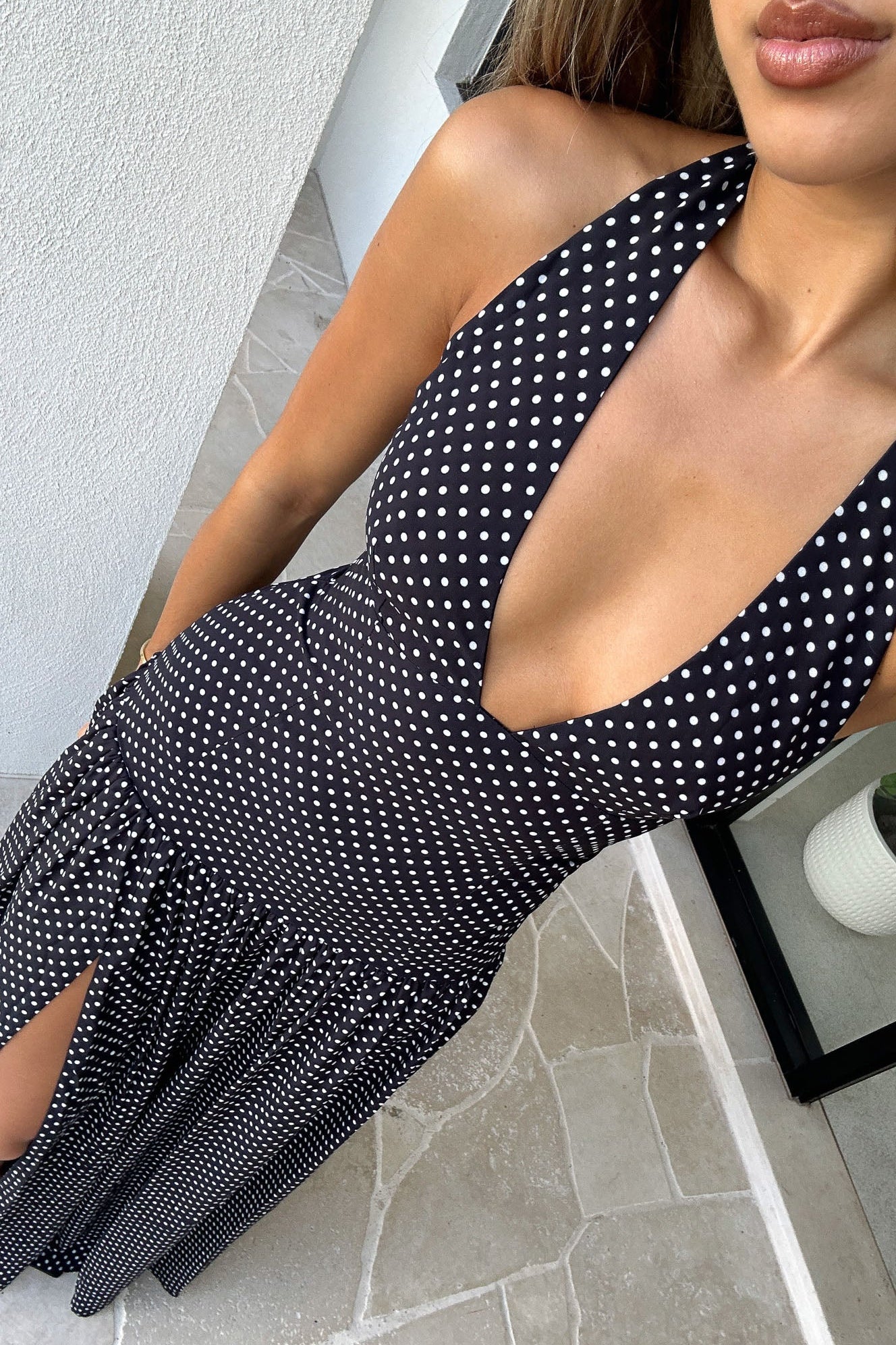 Sweet Temptation Halter Maxi Dress Black/ White Polka Dot