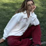 White Loose Top Elastic Red Pants Two Piece Set