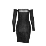 Women Bling Bodycon Mini Dress Elegant Strapless Off Shoulder Long Sleeve Party Club Short Ladies Dresses