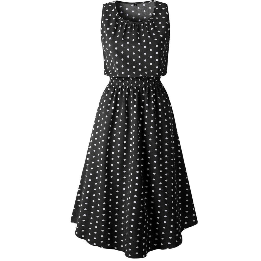 Women Boho Sleeveless Midi Dress Polka Dot Fashion Summer Party High Waist O-Neck Holiday Beach Dress Sundress