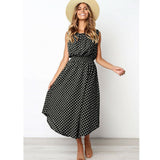 Women Boho Sleeveless Midi Dress Polka Dot Fashion Summer Party High Waist O-Neck Holiday Beach Dress Sundress