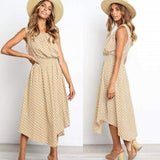 Women Boho Sleeveless Midi Dress Polka Dot Fashion Summer Party High Waist O-Neck Holiday Beach Dress Sundress