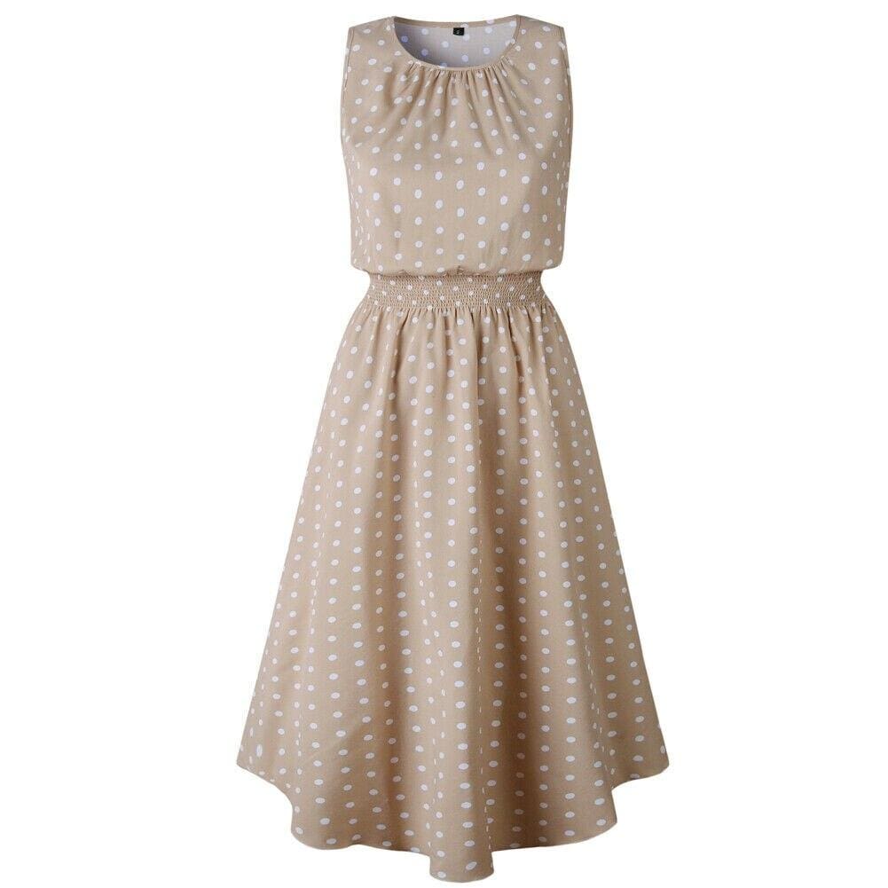 Women Boho Sleeveless Midi Dress Polka Dot Fashion Summer Party High Waist O-Neck Holiday Beach Dress Sundress