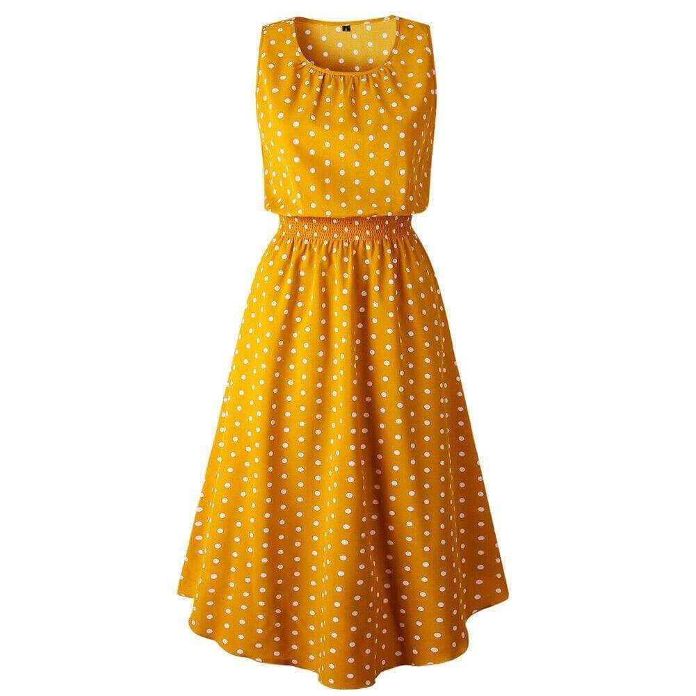 Women Boho Sleeveless Midi Dress Polka Dot Fashion Summer Party High Waist O-Neck Holiday Beach Dress Sundress