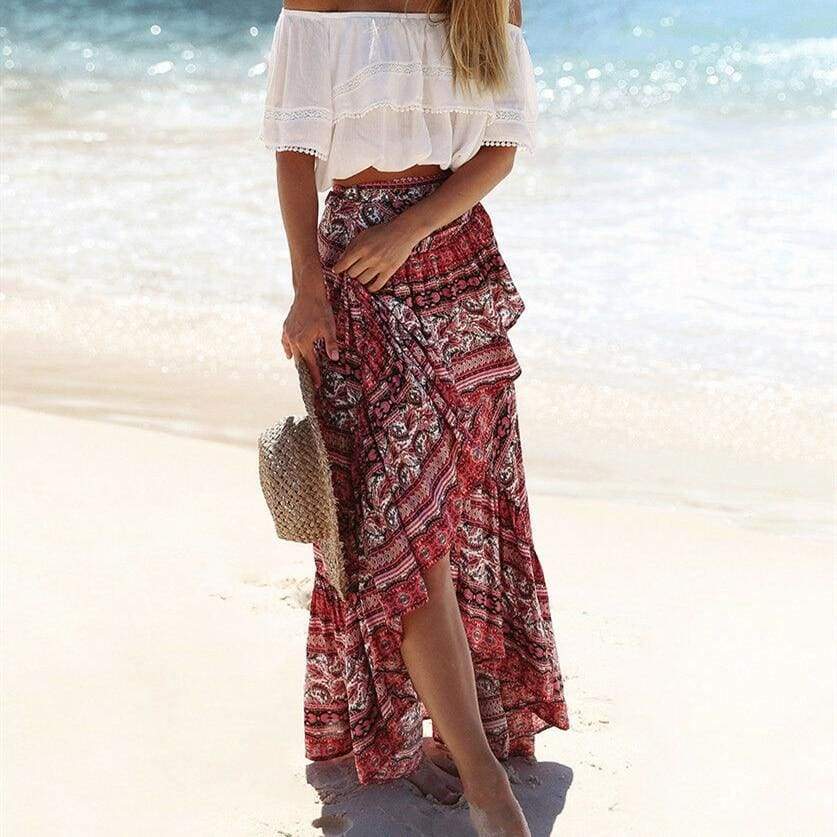 Women Ladies Casual Boho Tribal Floral Skirt Female Summer Beachwear Party Casual Long Maxi Skirt Sundress