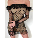 Women Ladies See-through Base Dress Flared Long Sleeve Off-shoulder Polka Dots Printed Short Mini Dress