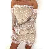 Women Ladies See-through Base Dress Flared Long Sleeve Off-shoulder Polka Dots Printed Short Mini Dress