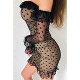 Women Ladies See-through Base Dress Flared Long Sleeve Off-shoulder Polka Dots Printed Short Mini Dress