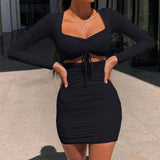 Women Long Sleeve Drawstring V Neck Mini Dress Ladies Casual Square Collar Party Bodycon Slim Fit Dress Clubwear