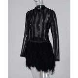 Women Long Sleeve Sheer Mesh Faux Fur Dress Ladies Turtleneck Bodycon Cocktail Club Party Mini Dress