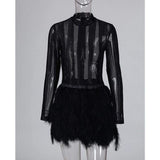 Women Long Sleeve Sheer Mesh Faux Fur Dress Ladies Turtleneck Bodycon Cocktail Club Party Mini Dress