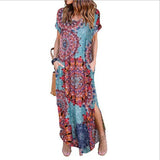 Women's Boho Pocket Long Maxi Dress Floral Cocktail Party Summer Beach Casual V Neck Split Loose Dress Sundress