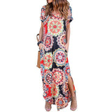 Women's Boho Pocket Long Maxi Dress Floral Cocktail Party Summer Beach Casual V Neck Split Loose Dress Sundress
