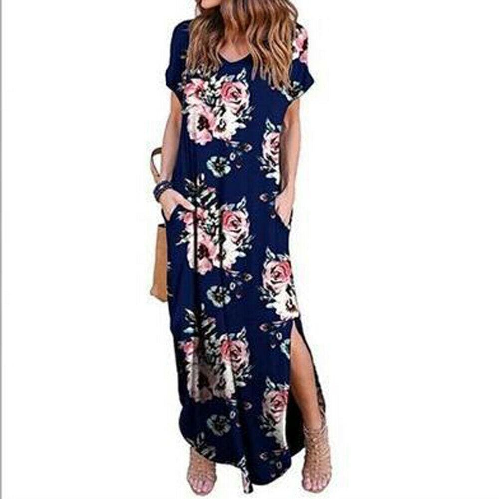 Women's Boho Pocket Long Maxi Dress Floral Cocktail Party Summer Beach Casual V Neck Split Loose Dress Sundress