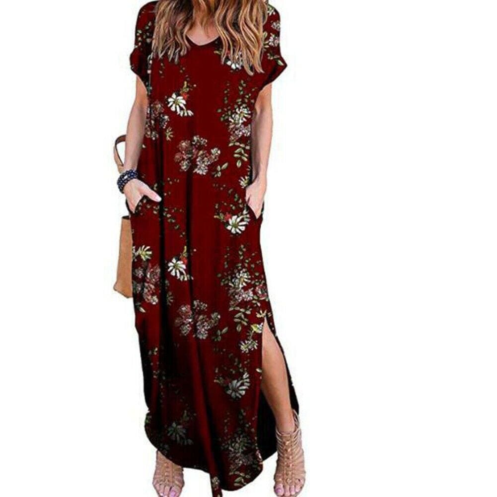 Women's Boho Pocket Long Maxi Dress Floral Cocktail Party Summer Beach Casual V Neck Split Loose Dress Sundress