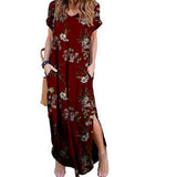 Women's Boho Pocket Long Maxi Dress Floral Cocktail Party Summer Beach Casual V Neck Split Loose Dress Sundress