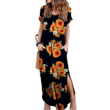Women's Boho Pocket Long Maxi Dress Floral Cocktail Party Summer Beach Casual V Neck Split Loose Dress Sundress