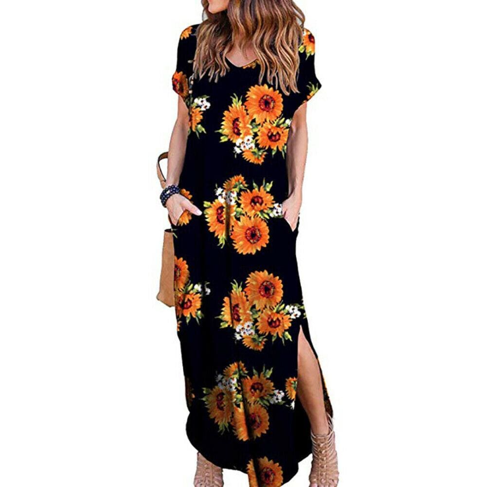 Women's Boho Pocket Long Maxi Dress Floral Cocktail Party Summer Beach Casual V Neck Split Loose Dress Sundress