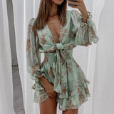 Floral Chiffon Ruffles A-Line Deep V Tied Up Dress