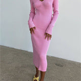 V-Neck Backless Knit Rib Wrap Midi Pencil Dress