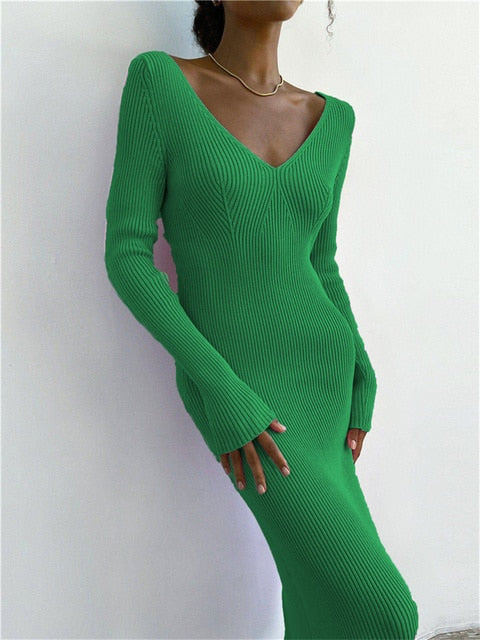 V-Neck Backless Knit Rib Wrap Midi Pencil Dress