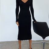 V-Neck Backless Knit Rib Wrap Midi Pencil Dress