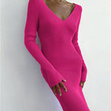 V-Neck Backless Knit Rib Wrap Midi Pencil Dress