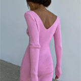 V-Neck Backless Knit Rib Wrap Midi Pencil Dress